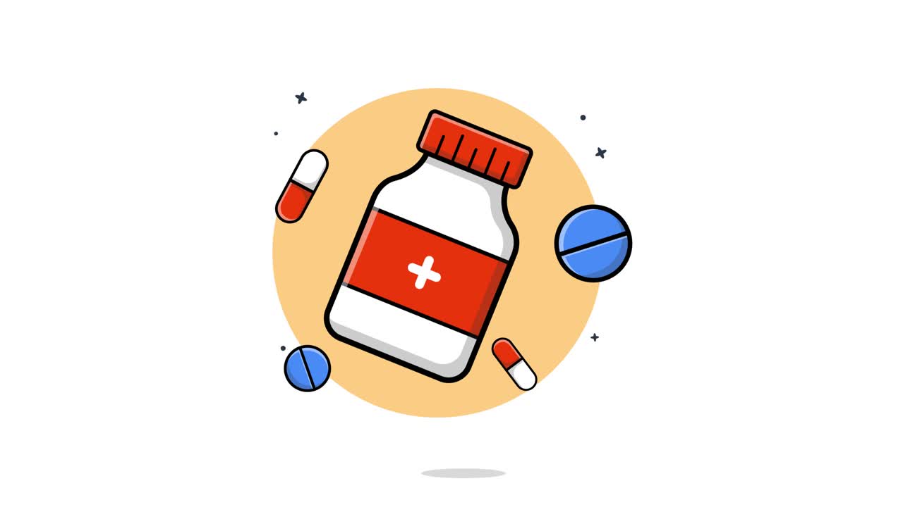 Flacone di medicinale animato con illustrazione di pillole