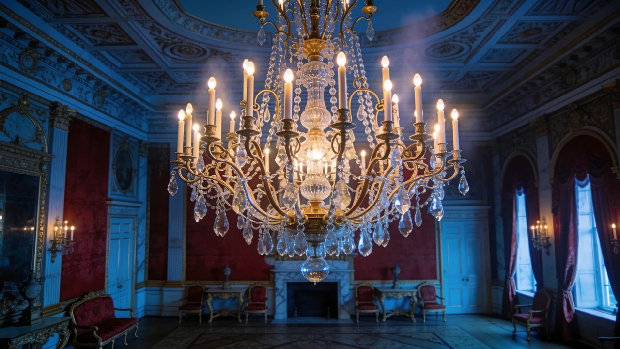 Avanzando con lo zoom, la telecamera rivela un grande lampadario di cristallo in un salone di palazzo, mentre il fumo si dirada.