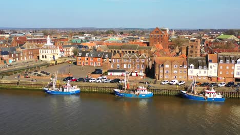 aerial view of kings lynn riverfront, trawlers, customs house and the river great ouse, kings lynn, norfolk, uk