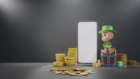 fortuna digital: estatuilla de leprechaun con monedas de oro y fondo negro de teléfono inteligente