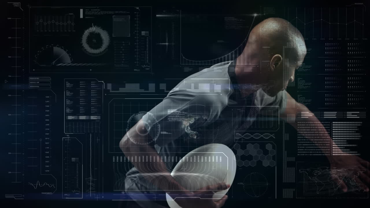 럭비 선수가 검은 바탕에 럭비 공을 들고 달리고 있다.