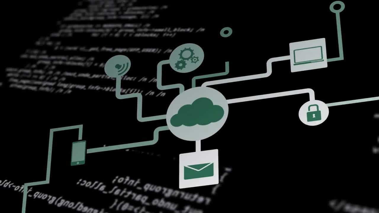 Animation of data processing and media icons on black background