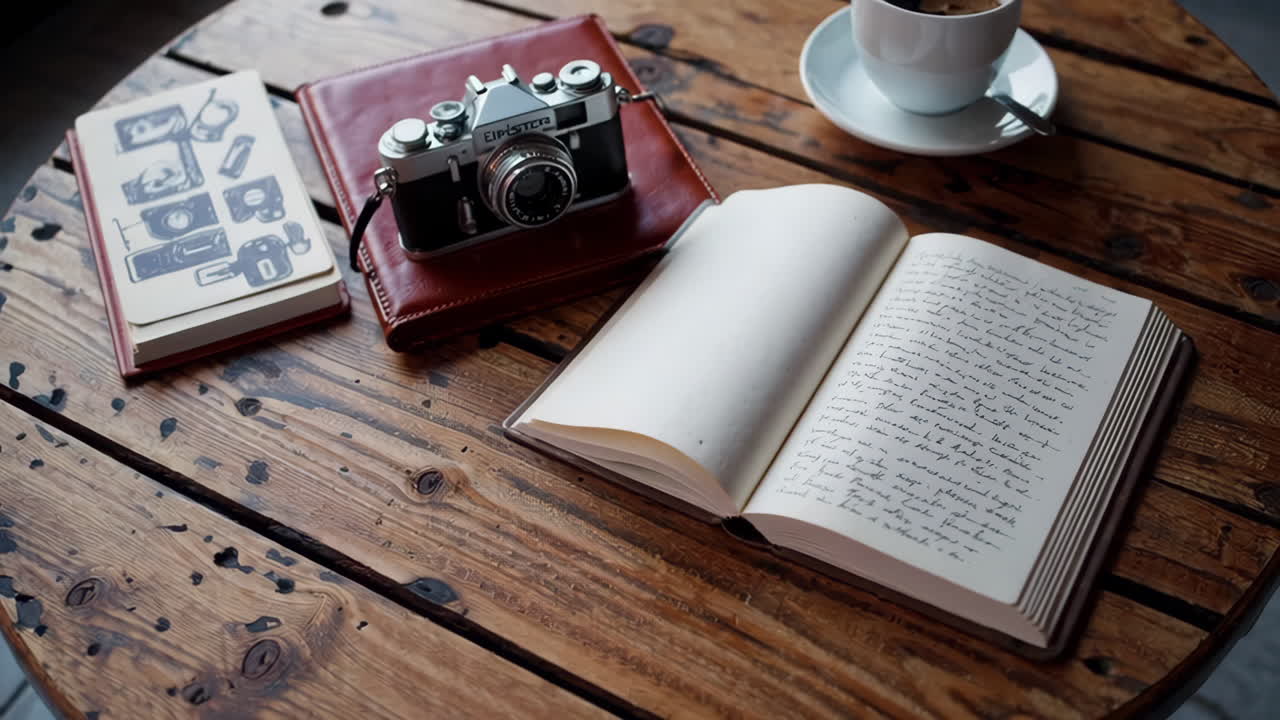 Vintage Camera, Notebook, and Coffee