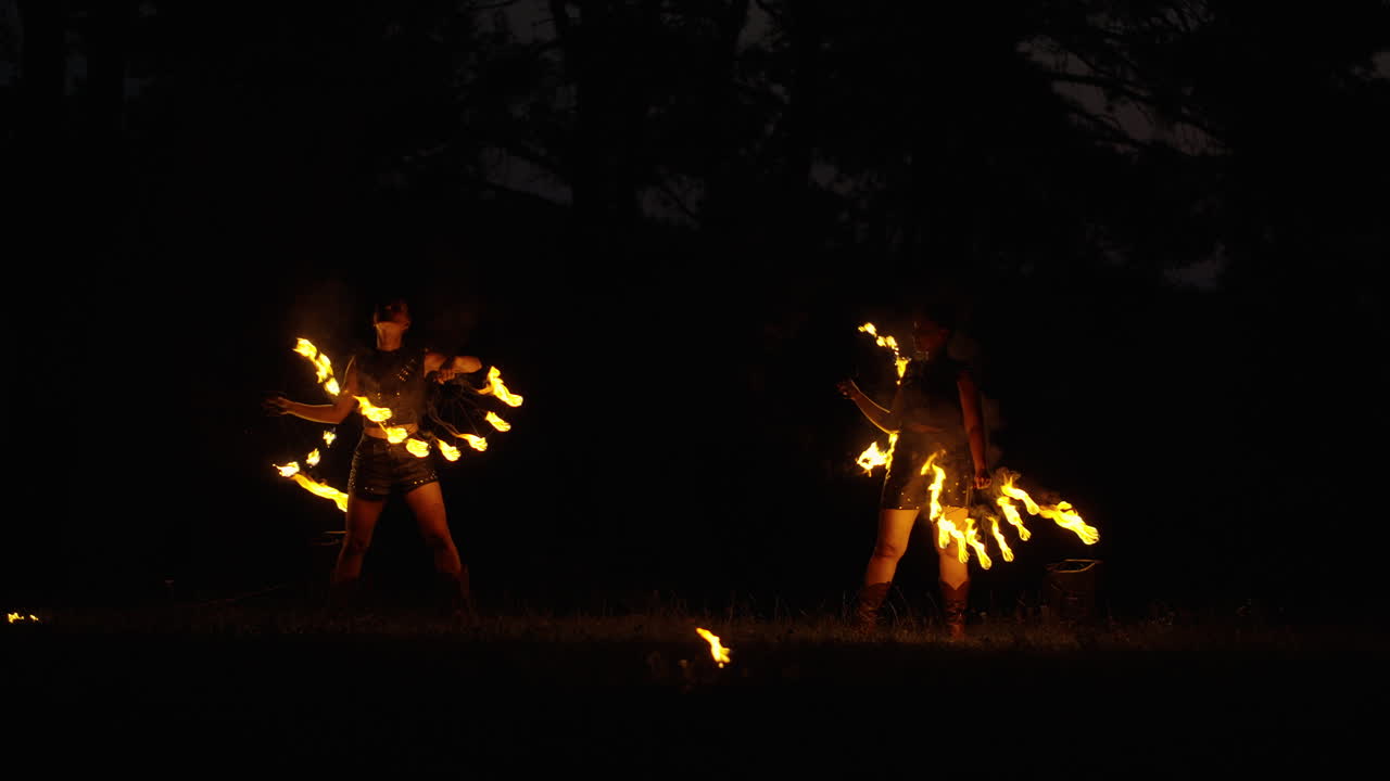 Fire Show Performance at Night in Forest