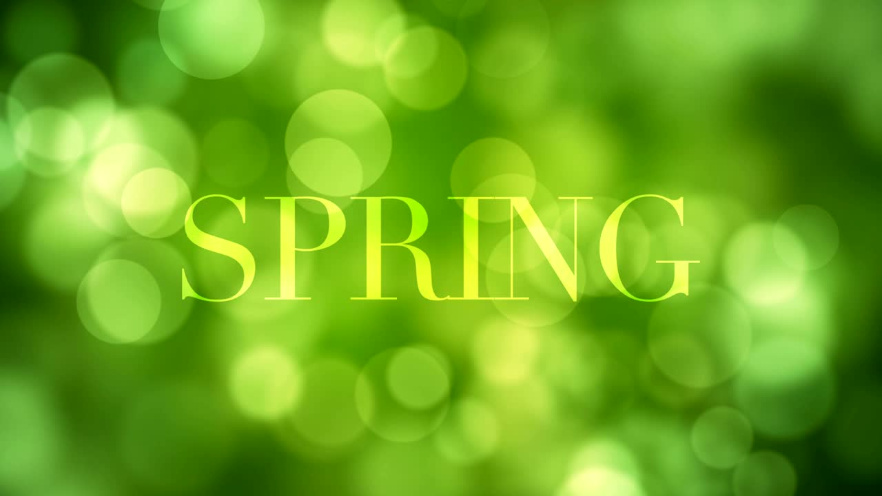 Appearing 'Spring' text and dissolving after a while with moving green glitter lights, defocused light reflections on loopable green bokeh background. Healthy life, fresh, forest, season concept video