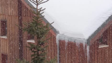 strong snowfall in a mountain resort over wooden buildings with icicles and pine tree