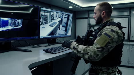 security surveillance room with military personnel