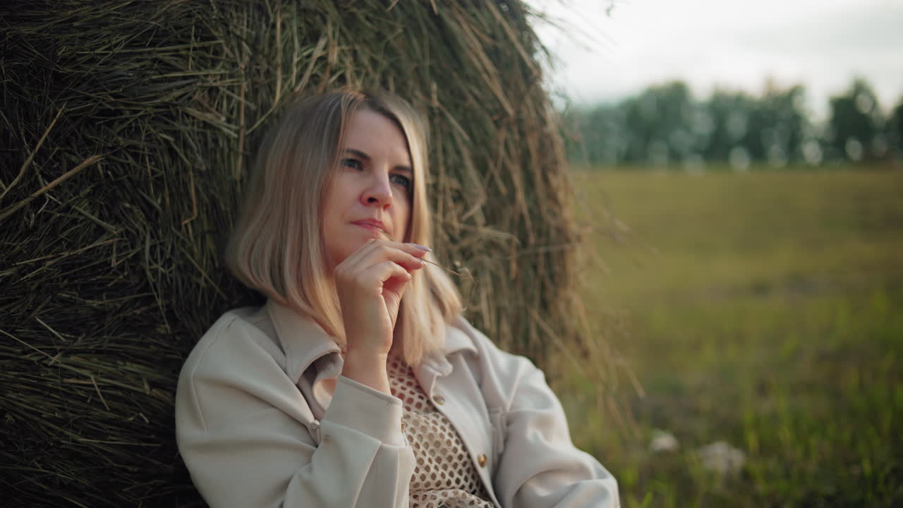 dama perdida en sus pensamientos con algo en la boca, ajustando la cabeza en una bala de heno en un campo abierto, un paisaje rural pacífico con luz solar suave, hierba seca y balas de heno esparcidas
