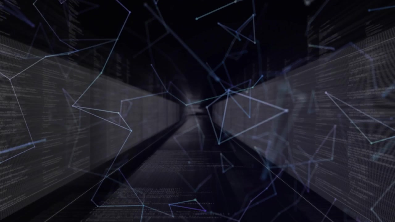 Faint scrolling code activating thin mesh lines enveloping corridor visualizing data flow in 3D