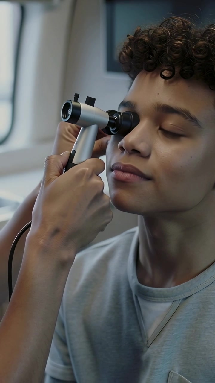 Vertical video: Bringing scope, doctor scanning teen gray shirt right eye in clinic checking vision