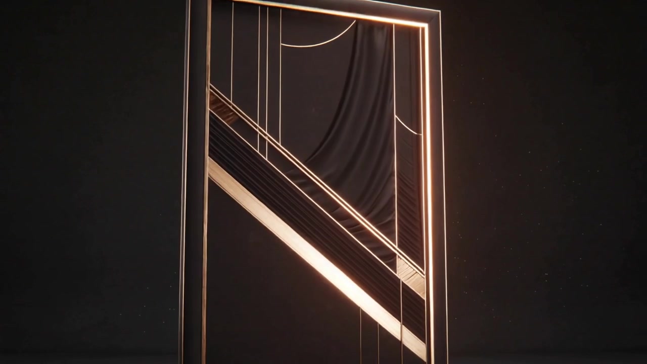 Panel tinggi berputar dari tepi, memperlihatkan di panggung gelap sebuah pita diagonal berhias emas untuk pengungkapan.