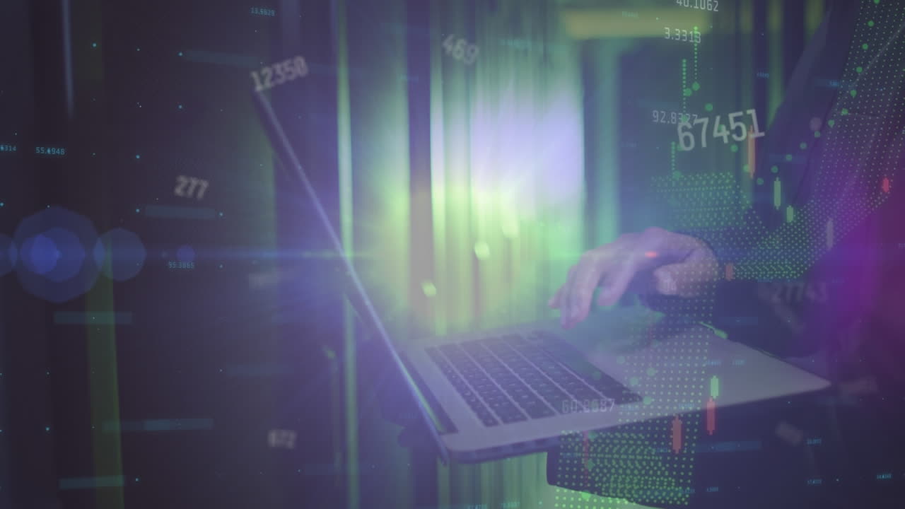 Animation of data processing over man using laptop by computer servers