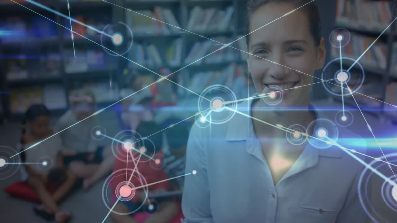 conexiones de red y puntos de datos animación sobre mujer en la biblioteca con niños
