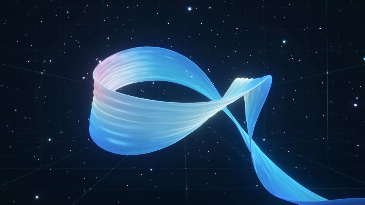 左下からリボンが現れ、星空のグリッド上でループ、弧、メビウスの形へと変化していく。技術的なイメージ。