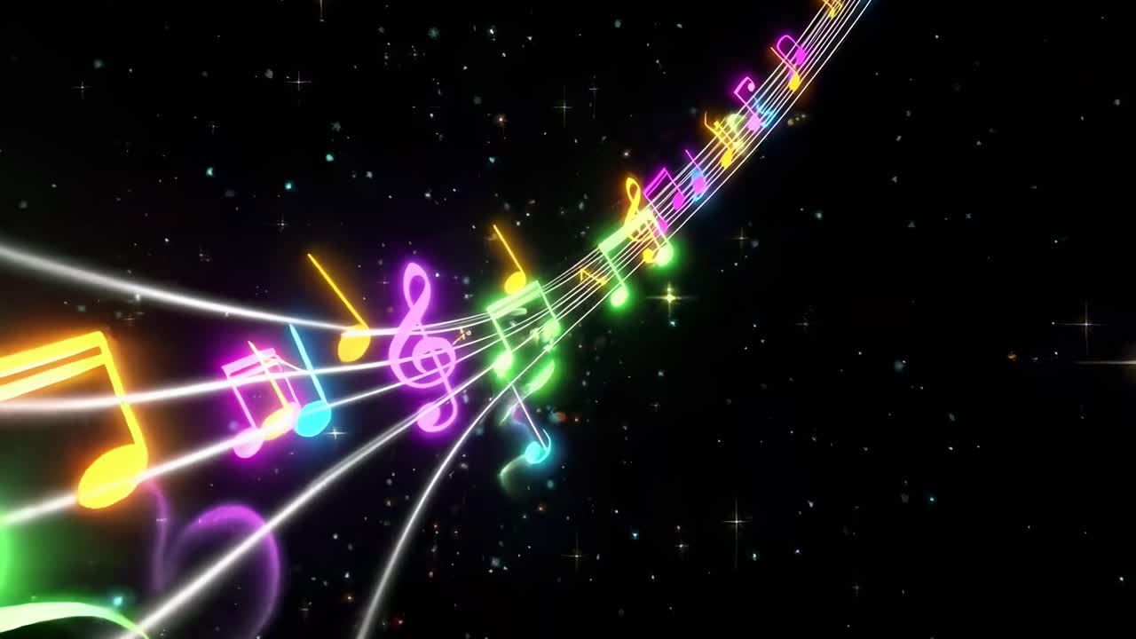 Farbenfrohe Musiknoten und Herzen auf schwarzem Hintergrund, aus einem dynamischen Winkel betrachtet, Videostil
