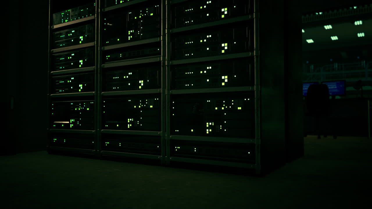 sala server oscura di grandi dati con attrezzature luminose