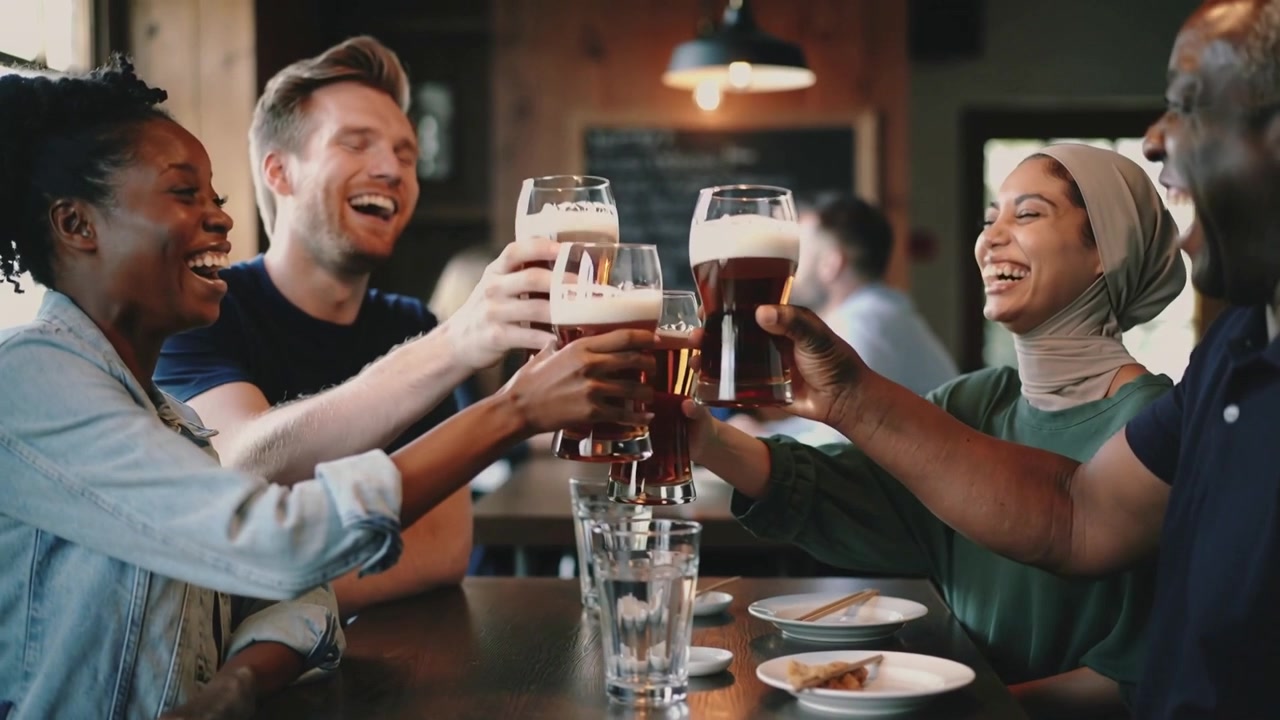 Pint glasses clinking, four friends laughing and toasting at pub high table, headscarf visible