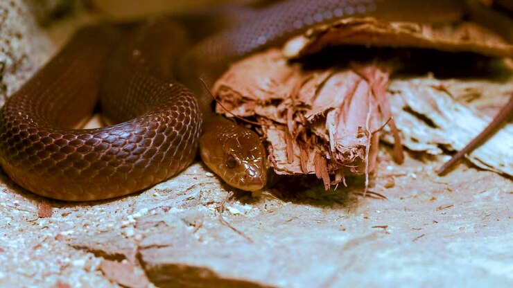A snake lies coiled on a textured surface, surrounded by dry foliage, under warm lighting in a zoo environment