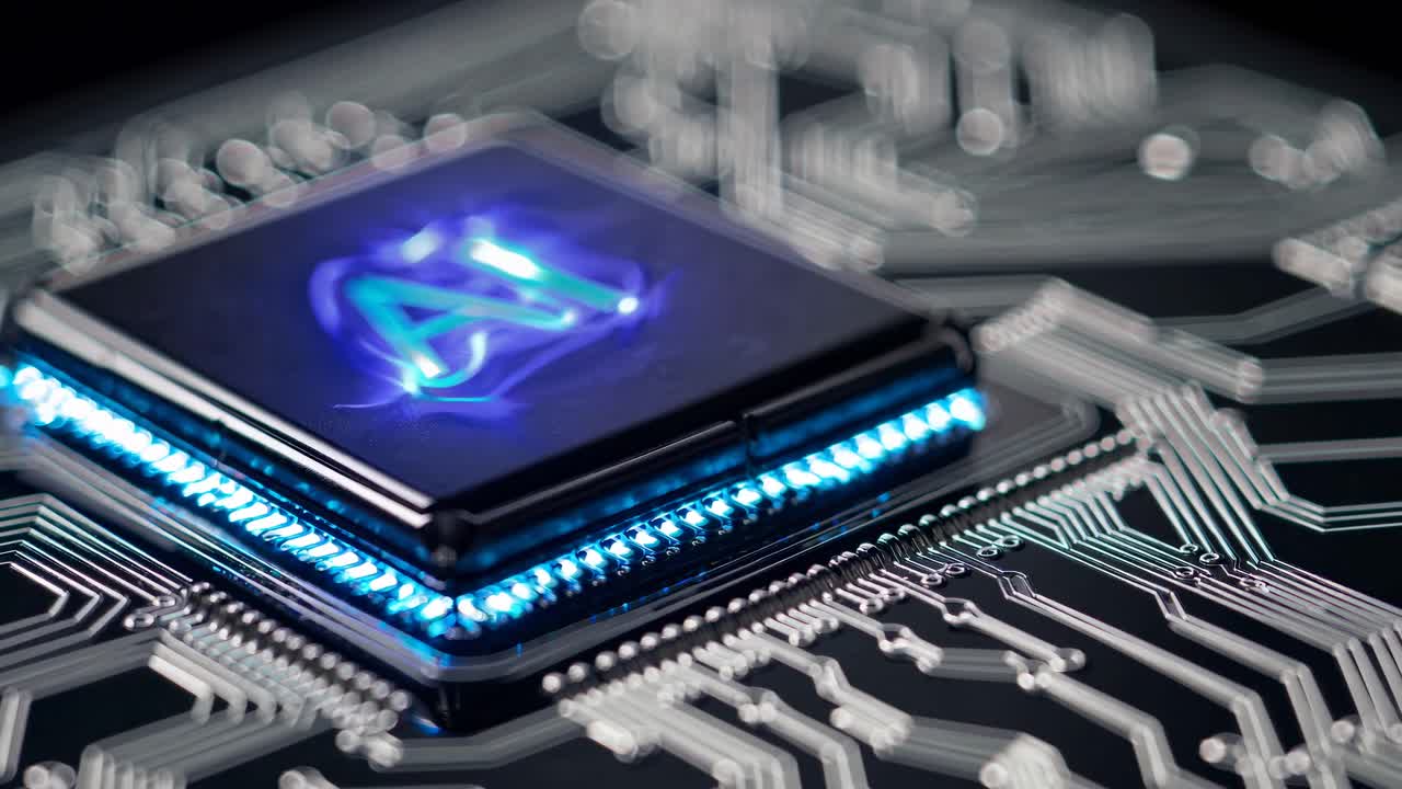 Close-up video of a glowing AI chip on a circuit board, showcasing futuristic technology