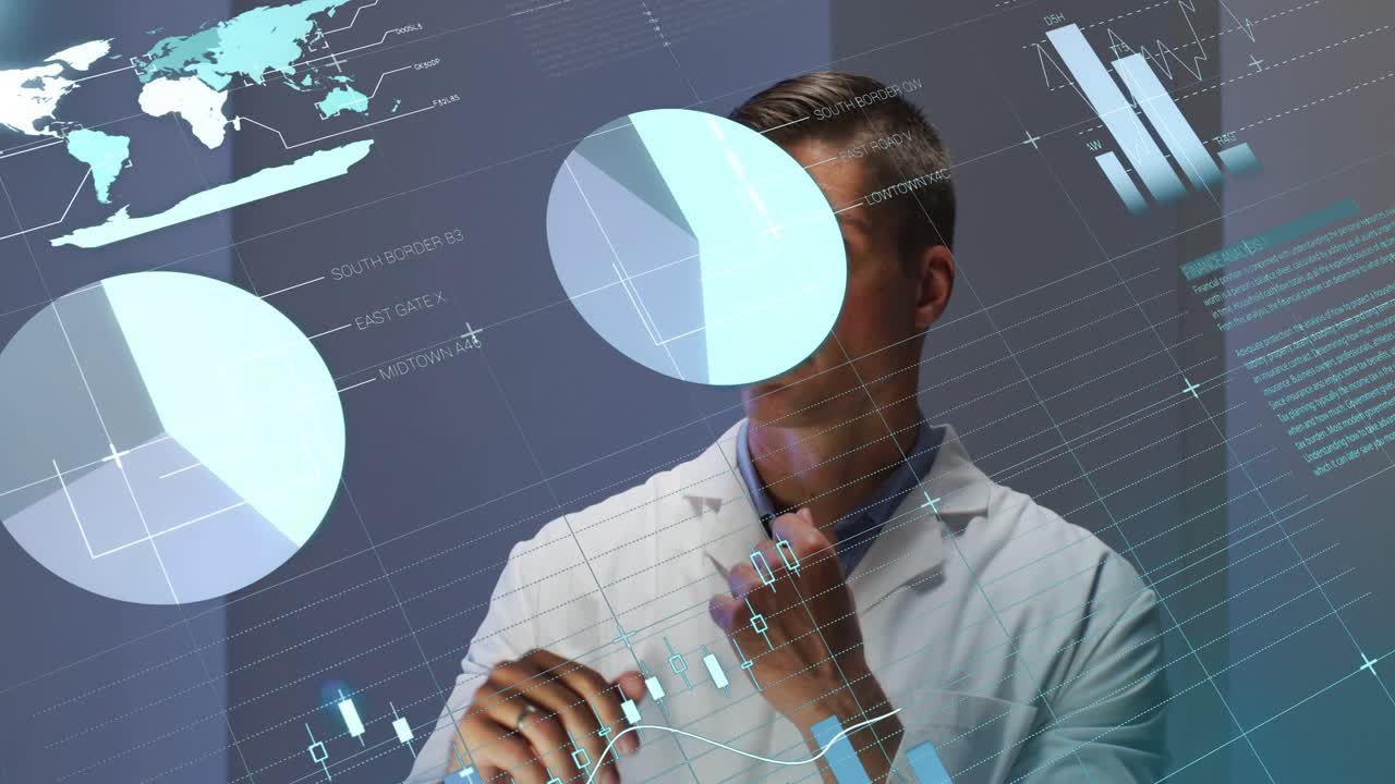 Male researcher raising hand and swiping holographic display in lab, refining charts for analysis