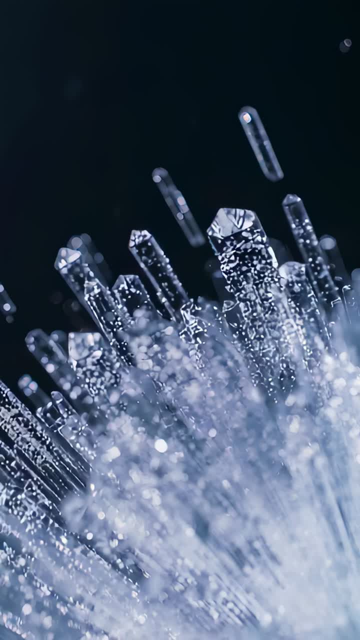 Video verticale: spostamento della luce che causa il distacco e il galleggiamento verso l'alto di aste di cristallo in studio, particelle
