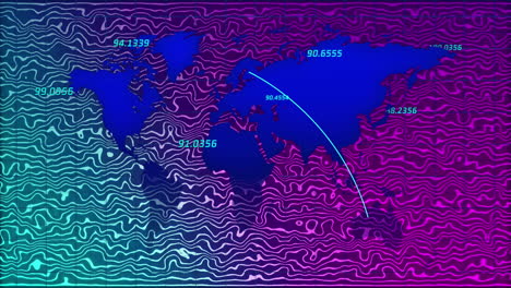 Animation of numbers over world map on background with green and purple waves
