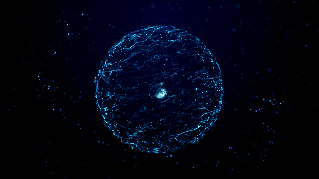 Blue particle energy sphere. Abstract technology, science, engineering and artificial intelligence motion background.