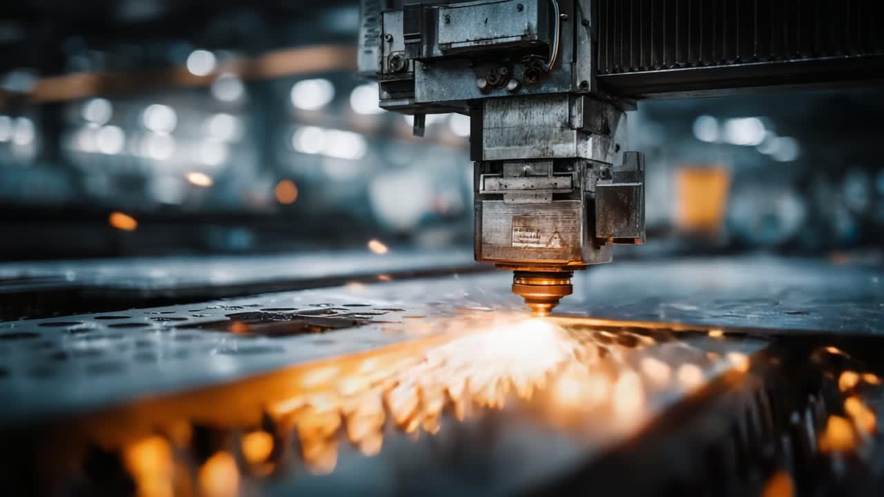 Precisionslaserskärning i en industriell miljö, som visar gnistor och metallplåtar som genomgår förvandling i en modern verkstadsmiljö.