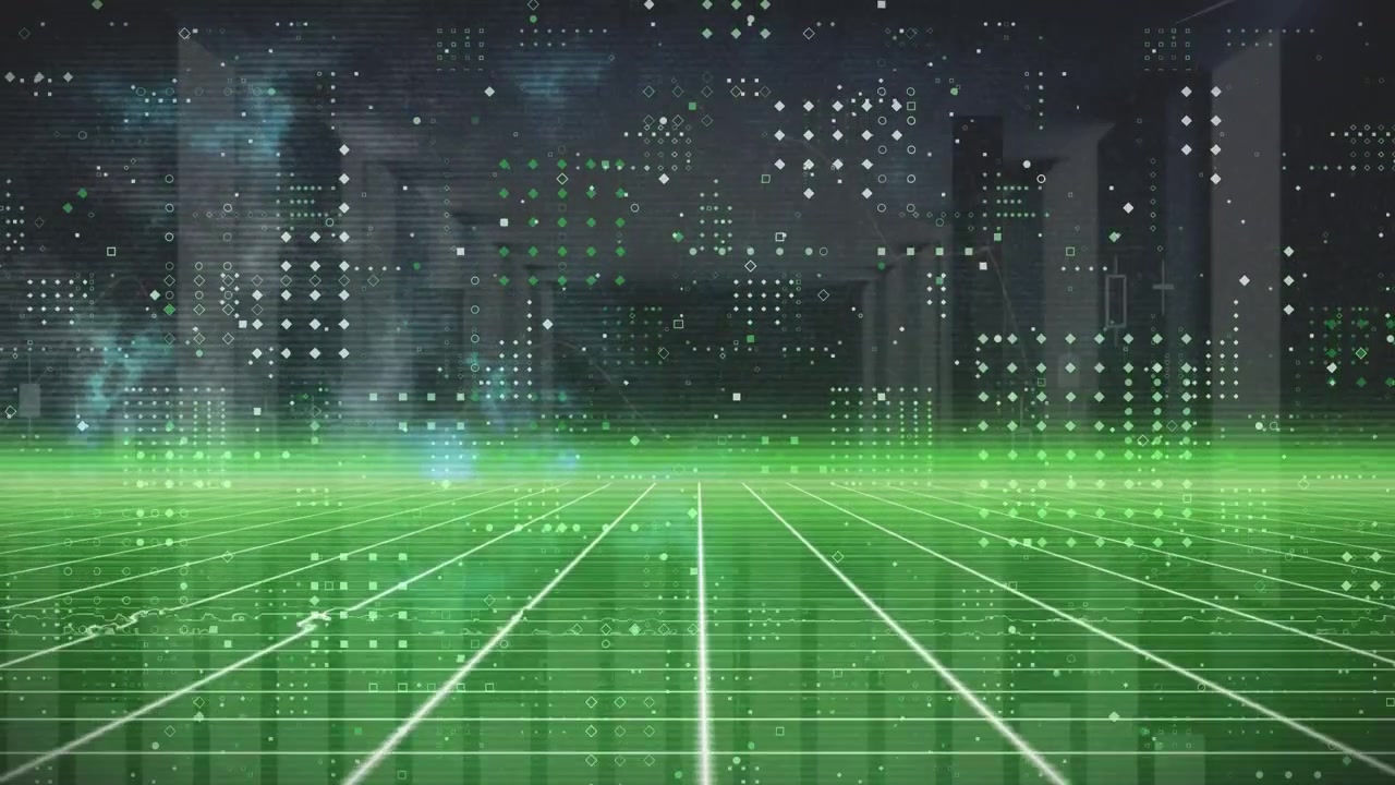 Animation of row dots pattern over green grid network against statistical data processing