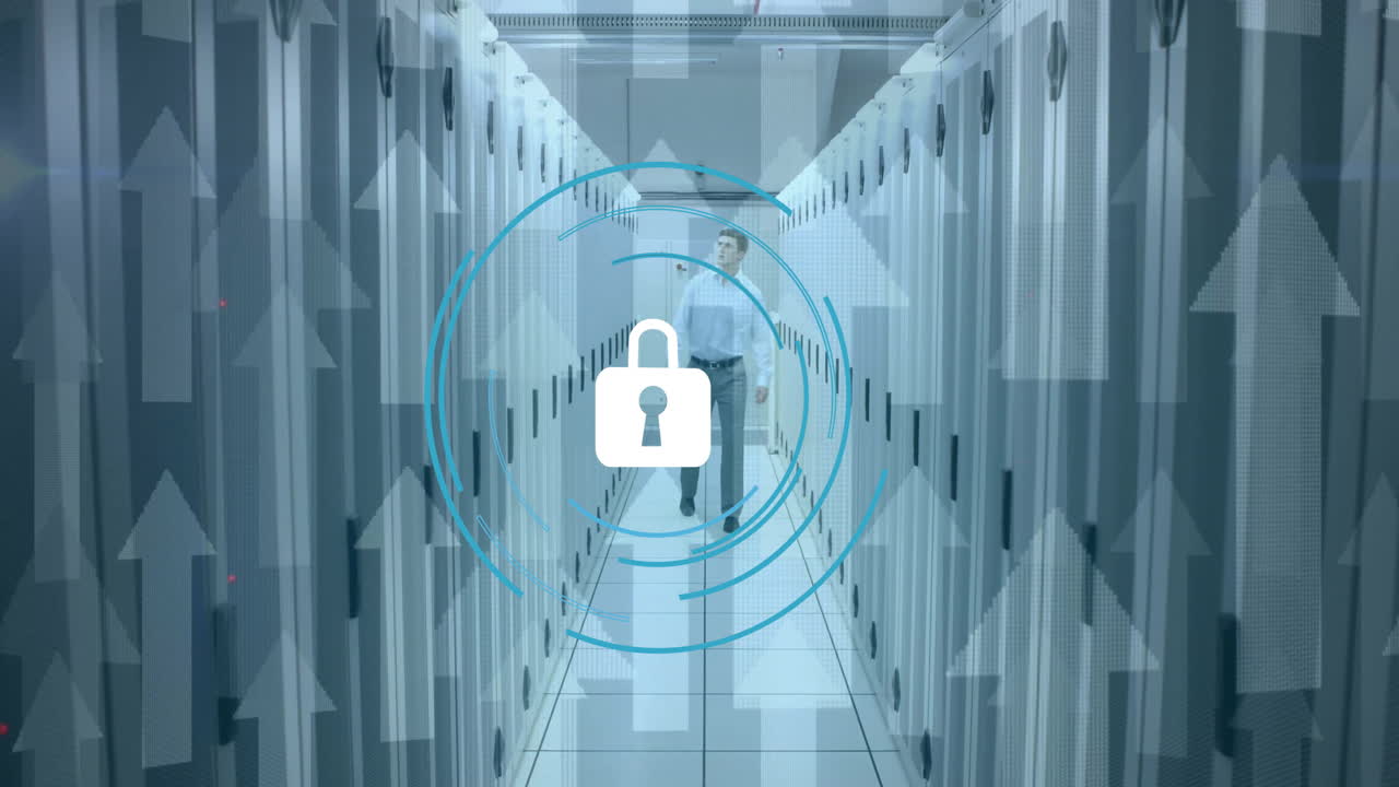 Animation of padlock icon and upward arrows over caucasian businessman in server room