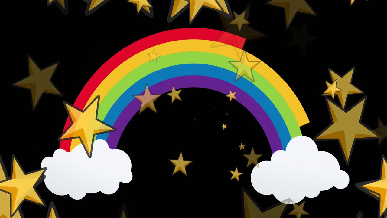 검은 바탕에 무지개 위에 있는 별들의 애니메이션