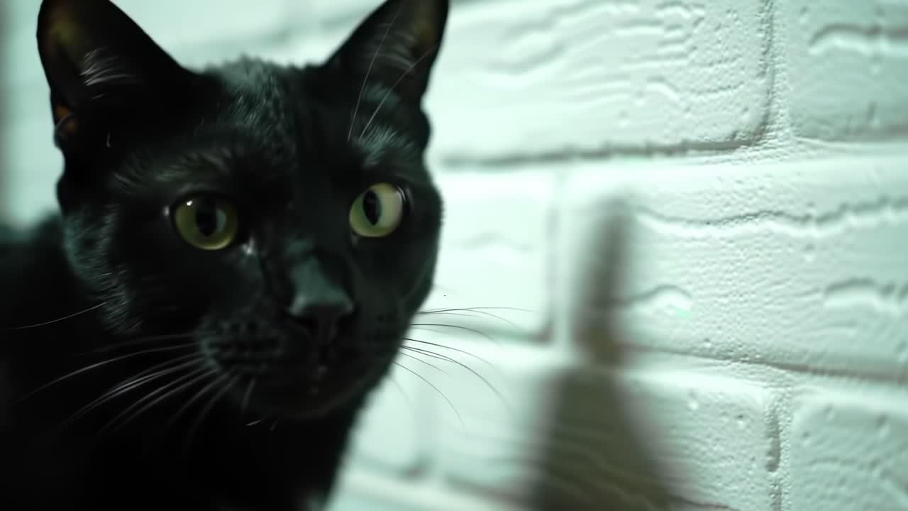A Close-Up Look at an Alert Black Cat with Striking Green Eyes, Captured in a Moment of Curiosity Against a Textured White Wall