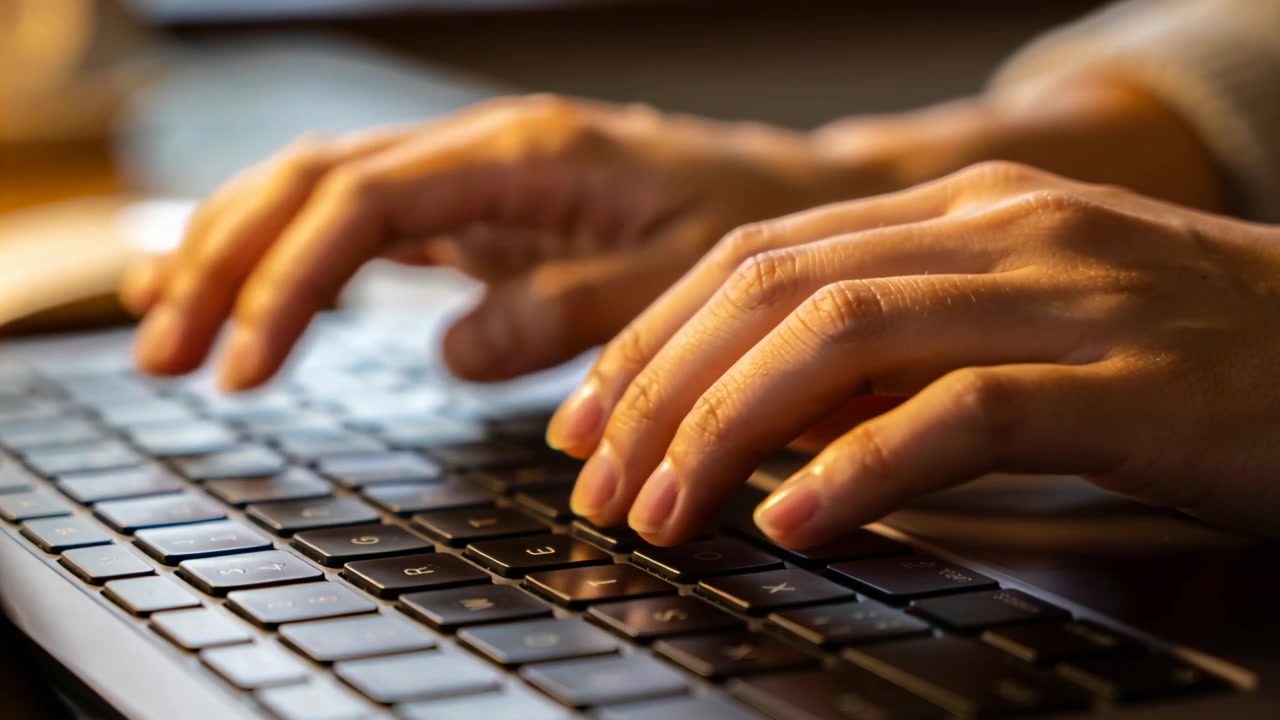 Typing adult hands resting then starting rhythmic key presses at desk, working on laptop with mouse