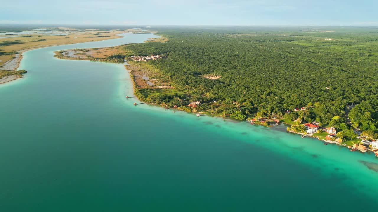 Aerial view of Bacalar, Mexico, with lush greenery and tranquil waters