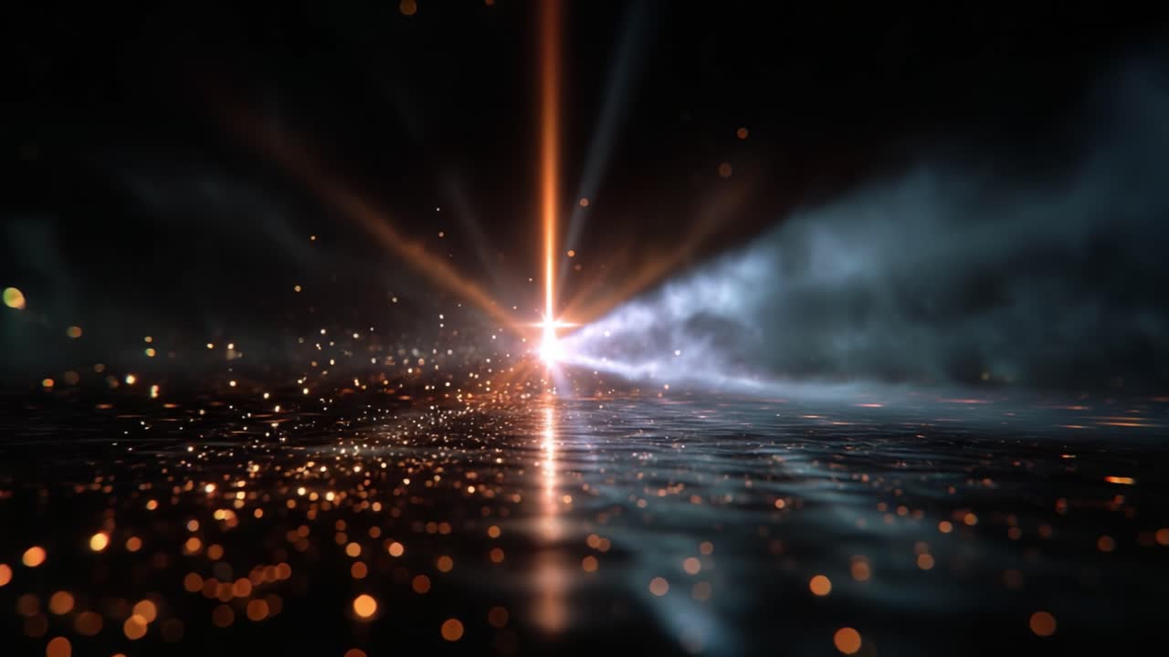 Una sfolgorante esposizione di fasci di luce, particelle scintillanti e superfici riflettenti crea una straordinaria esperienza visiva in questa opera d'arte digitale realizzata con cura.