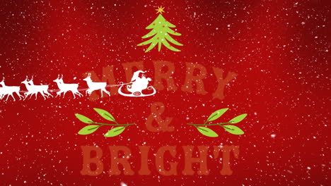 animation of christmas greetings text over santa claus in sleigh with reindeer on red background