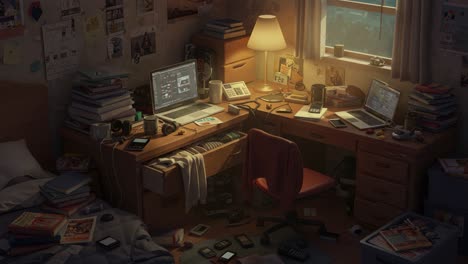 a cluttered workspace: unraveling the chaos of creativity with multiple devices and overlapping tasks in a messy room filled with digital and printed media
