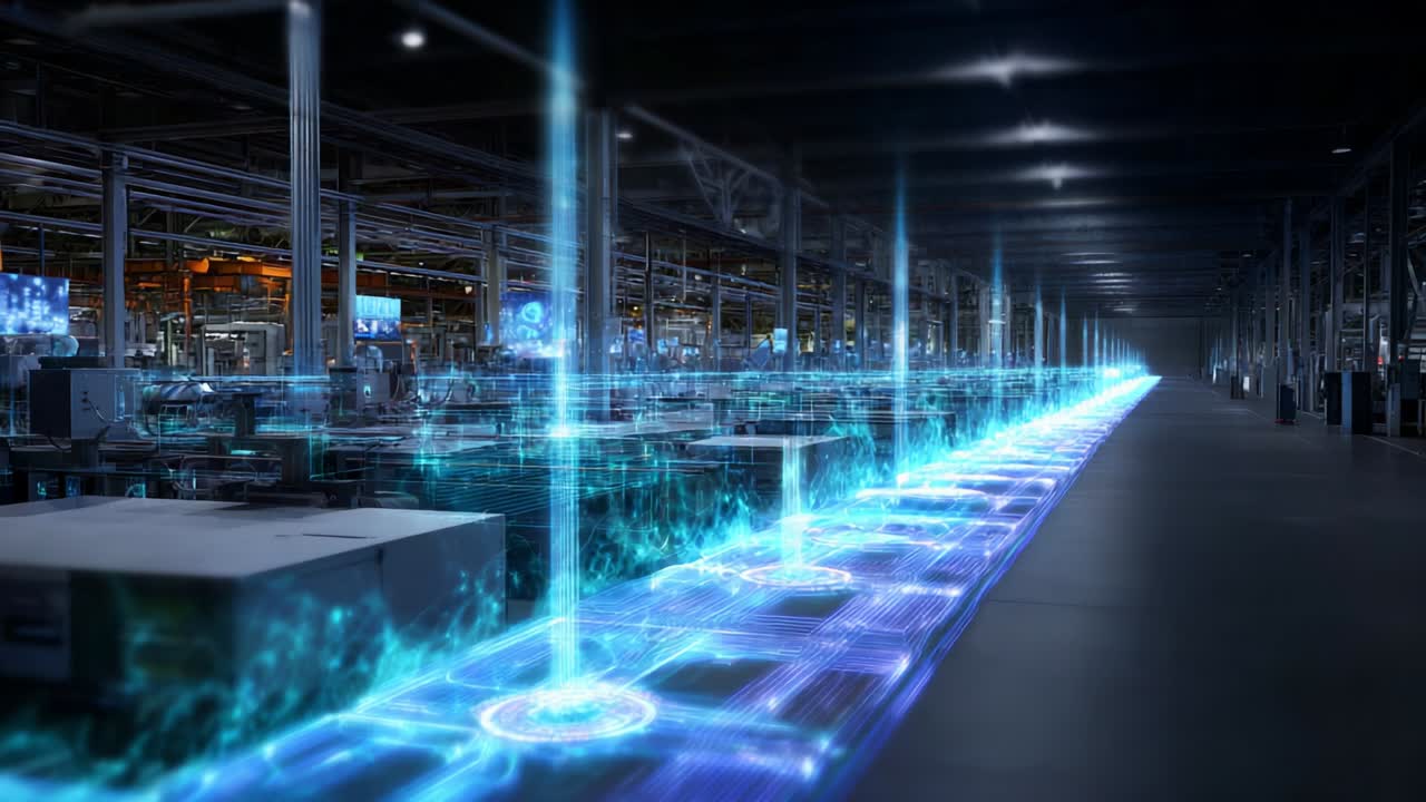 A Hypothetical Advanced Manufacturing Facility Featuring Futuristic Digital Infrastructure With Illuminated Pathways and Interactive Visual Displays Creating a Dynamic Production Environment