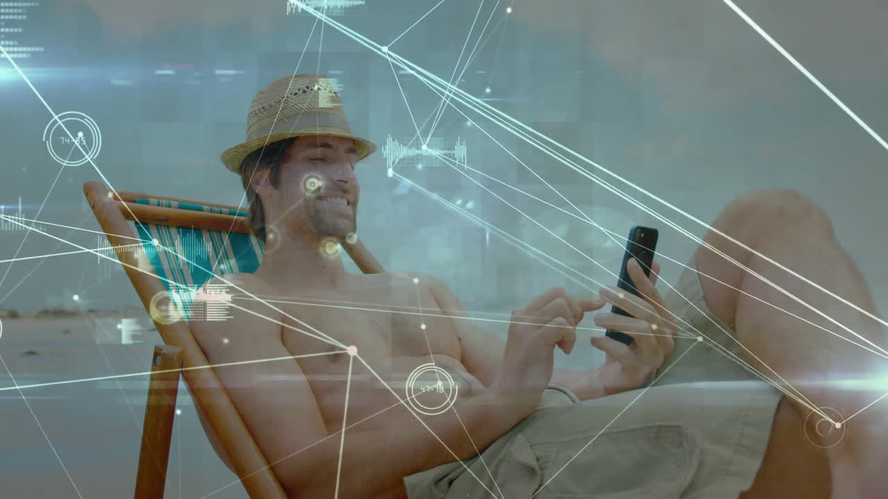 Using smartphone, man relaxing on beach chair with digital animation overlay