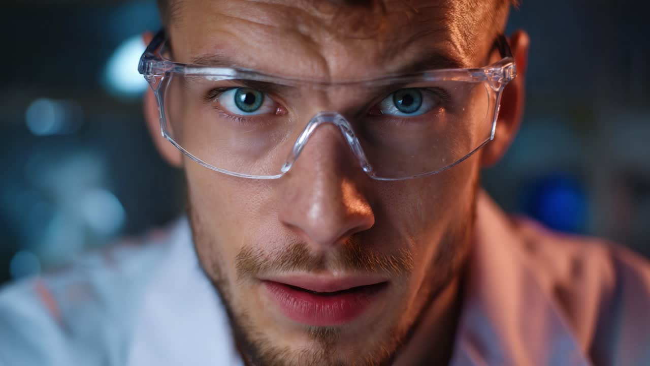 Primo piano intenso di un individuo concentrato che indossa occhiali protettivi in un ambiente di laboratorio, che mette in evidenza la determinazione e la ricerca scientifica
