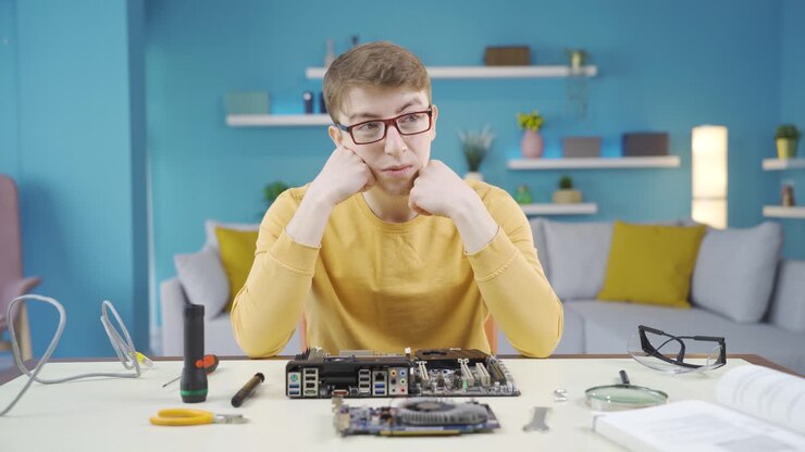 Young man researching technology. He finds an idea.