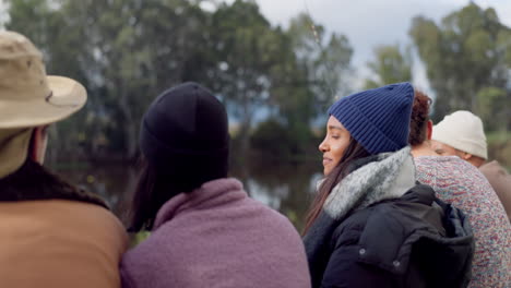 friends, face and bonding by lake for camping