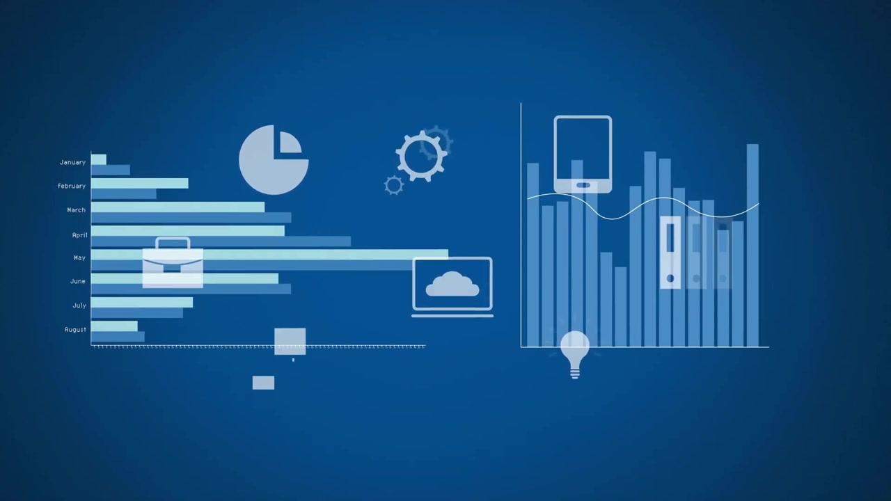 Animation of diagrams and media icons over blue background
