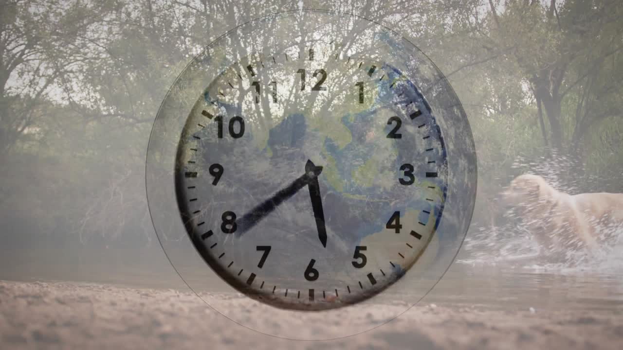 Clock hands rotating from nine to three starting scene while retriever splashing across riverbank