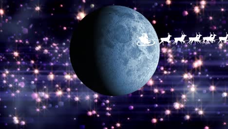 animation of santa claus in sleigh with reindeer over moon and stars