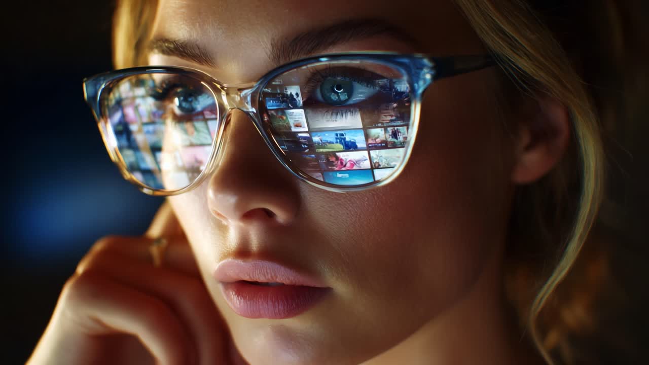 Un ritratto ravvicinato di una donna pensierosa che indossa occhiali alla moda, che cattura la sua intensa attenzione sui media digitali riflessa nelle sue lenti, mostrando il moderno coinvolgimento con la tecnologia e i contenuti visivi