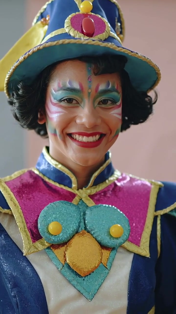 Vertical video: Cam moving close while artist smiling and turning showing hat and makeup for stage
