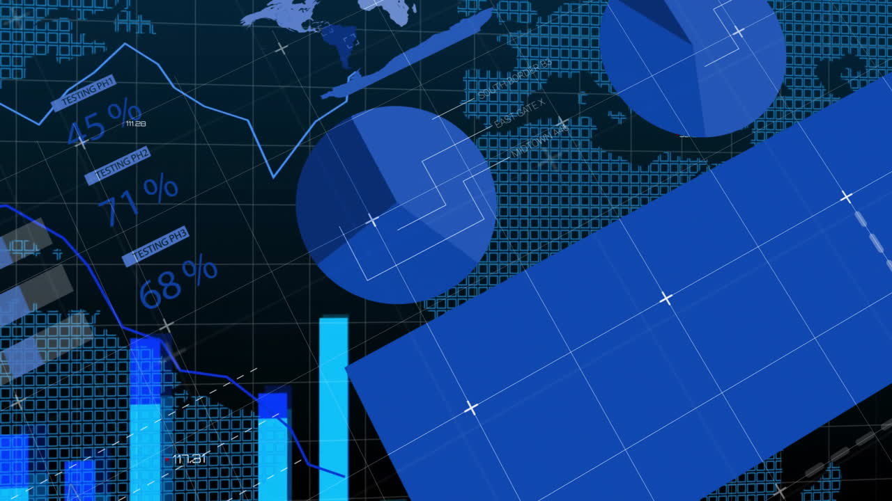 Animation of financial data processing over dark background