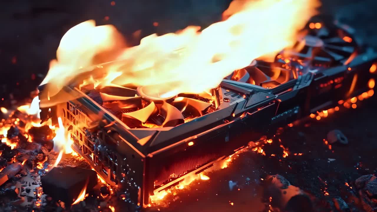 컴퓨터 그래픽 카드가 불타고 불꽃이 어나오고 있습니다.