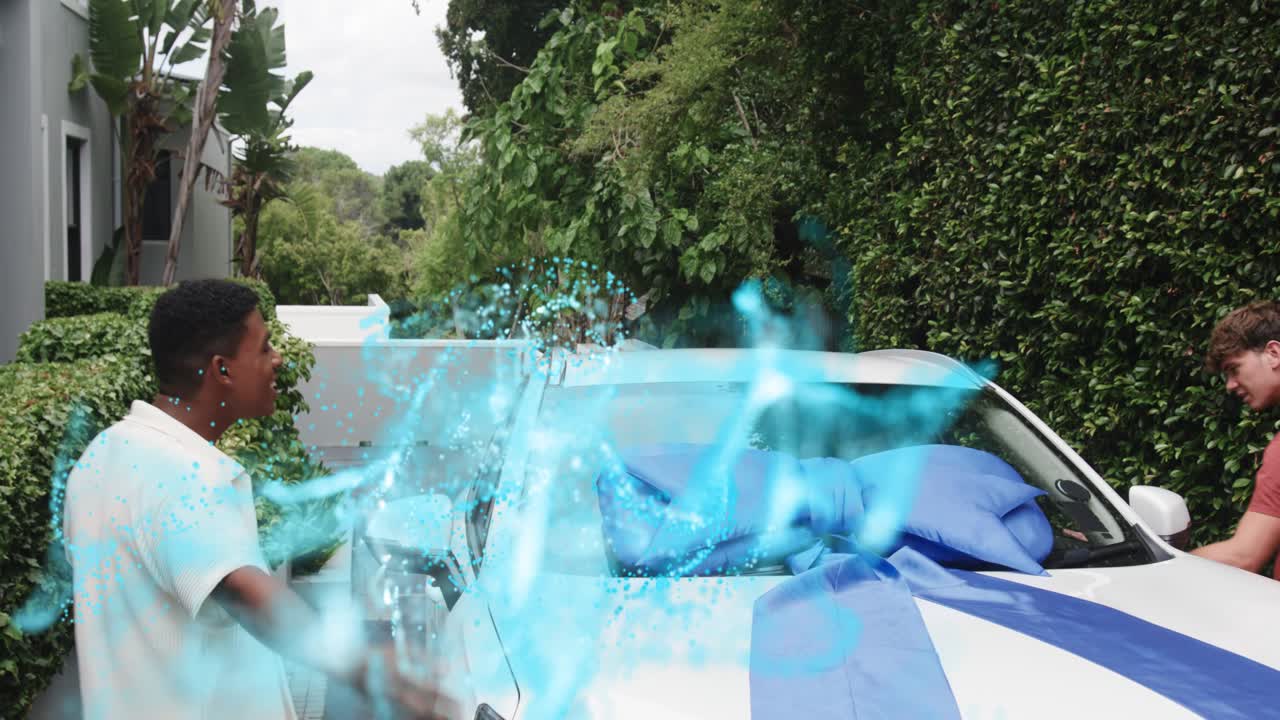 Two men driveway, one raising hand sparking blue energy arcing across hood revealing auto bow